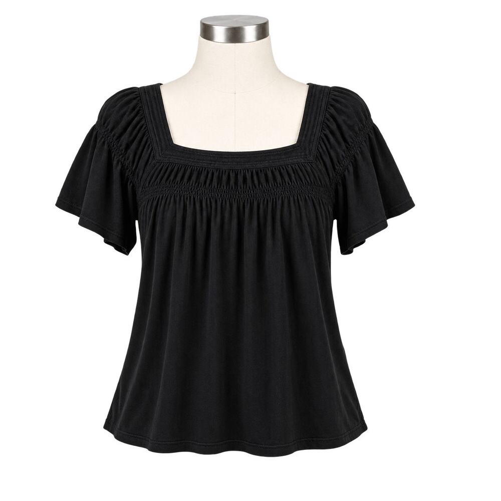 Anthropologie Black Square Neck Smocked Peasant Top - Flutter Sleeve - Size S